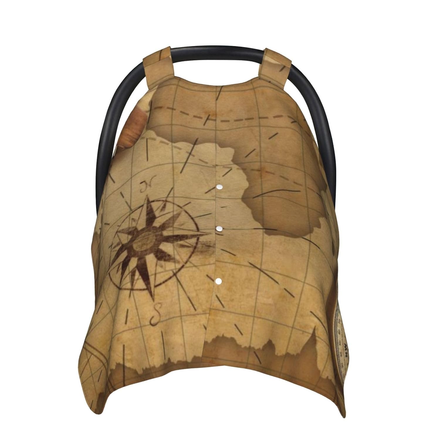 Nautical Brown Compass Wood Airplane Over World Parchment Map Adventure Aged Air 4-in-1 Baby Car Seat Canopy & Nursing Cover, Breathable Stretchy Cover
