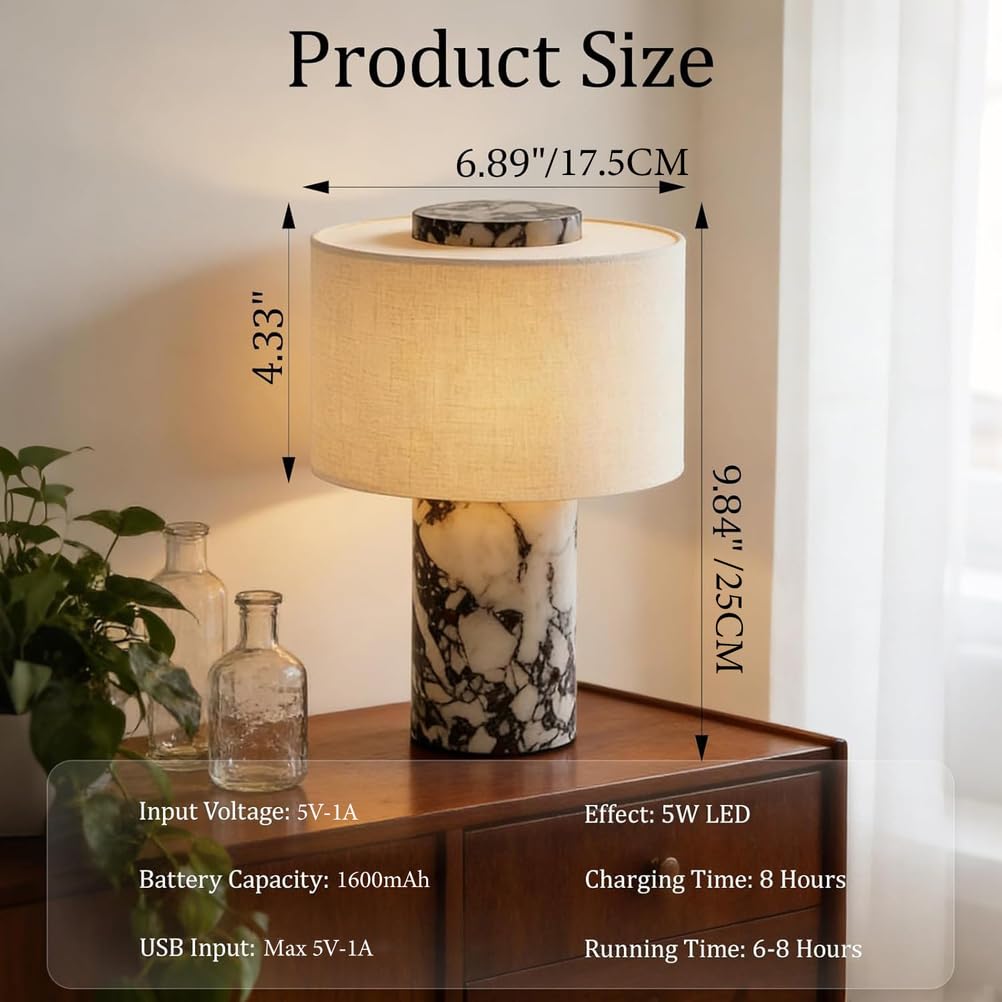 Marble Tischleuchte Luxus Touch Dimmbar Nachttischlampe Akku Tischlampe Kabellos USB-C Aufladbare Stoff Lampenschirm aus Leinen Marble Lamp 3 Farbtemperaturen für Schlafzimmer Restaurant Geschenk
