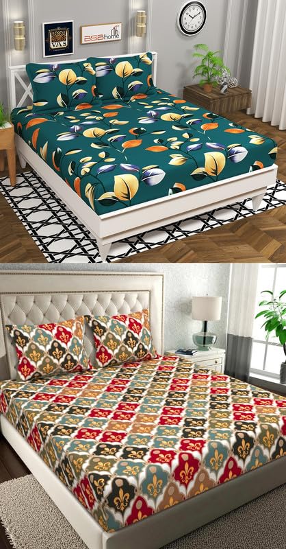 Image of HOMEKART Combo of 2 Double Bedsheet with 4 Pillow Covers - Elegant Designs, Perfect for Every Bedroom Ultra Soft, Fade-Resistant & Durable Breathable & Wrinkle Sheets 220 x 218 cm - Green & Red