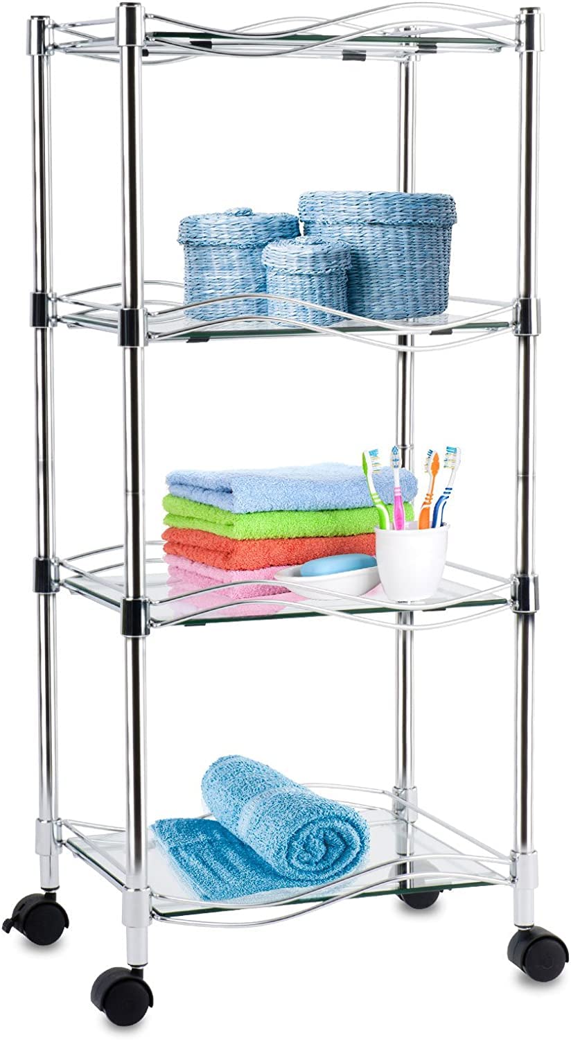 Estantería de cristal Luna | 4 niveles con ruedas | estantes de cristal de seguridad | estantería con ruedas para baño, salón o cocina (40 x 30 x 89 cm)