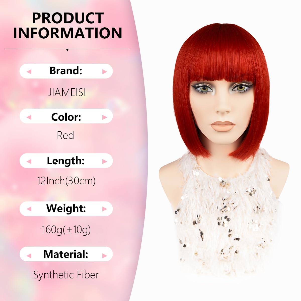 Red Bob Wig with Bangs 12Inch Short Bob Wig for Women Girls Cosplay Party Heat Resistant Synthetic Fiber Straight Colourful Hair Fashion Looking Christmas Halloween (Red) - Image 3