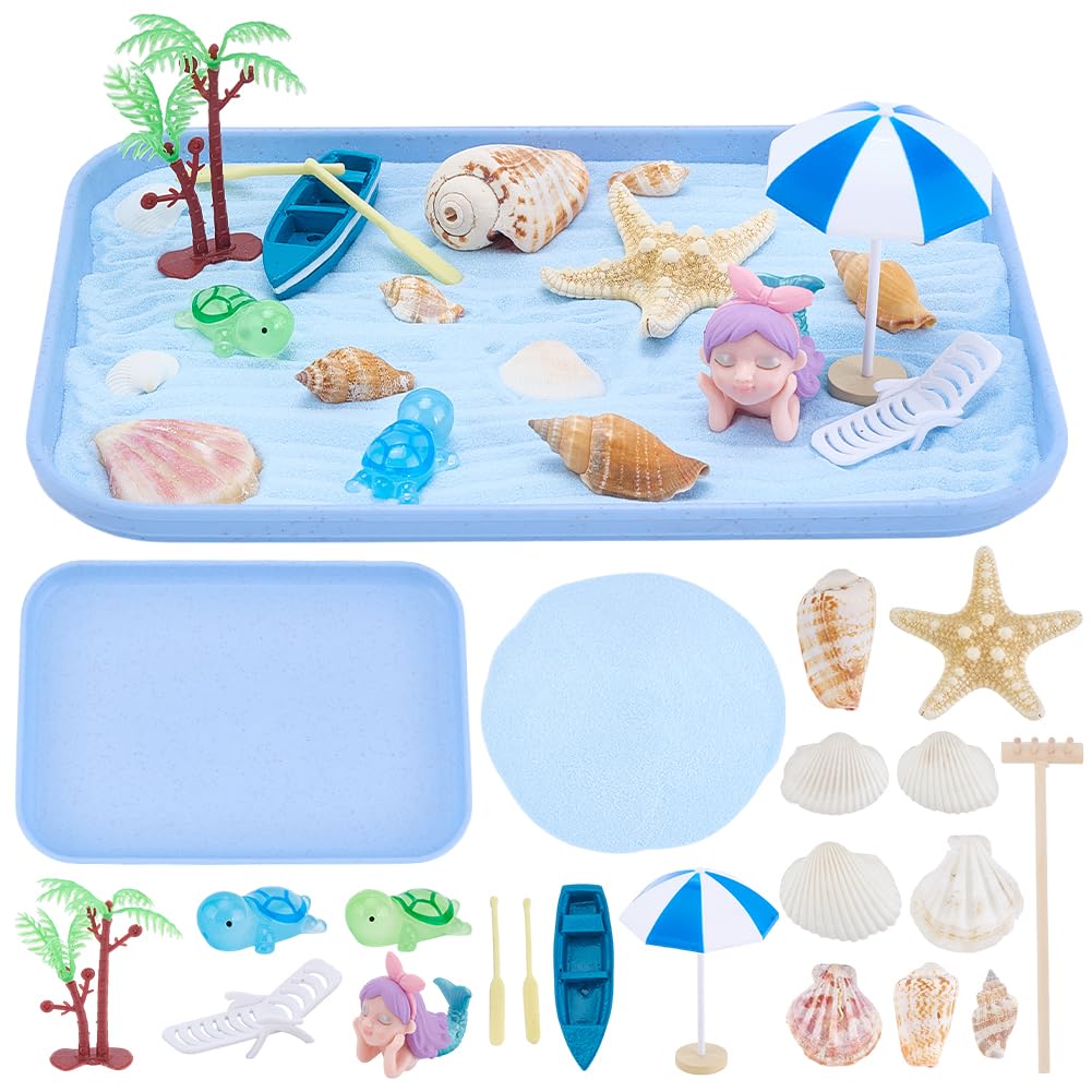 WEBEEDY Ocean Miniature Beach Zen Garden Kit Desktop Meditation Decor, Table Mini Japanese Sandbox Zen Garden Sand Tray with Shells Starfish Conch Mermaid Decorative Ornaments,24x17cm Rectangular Tray