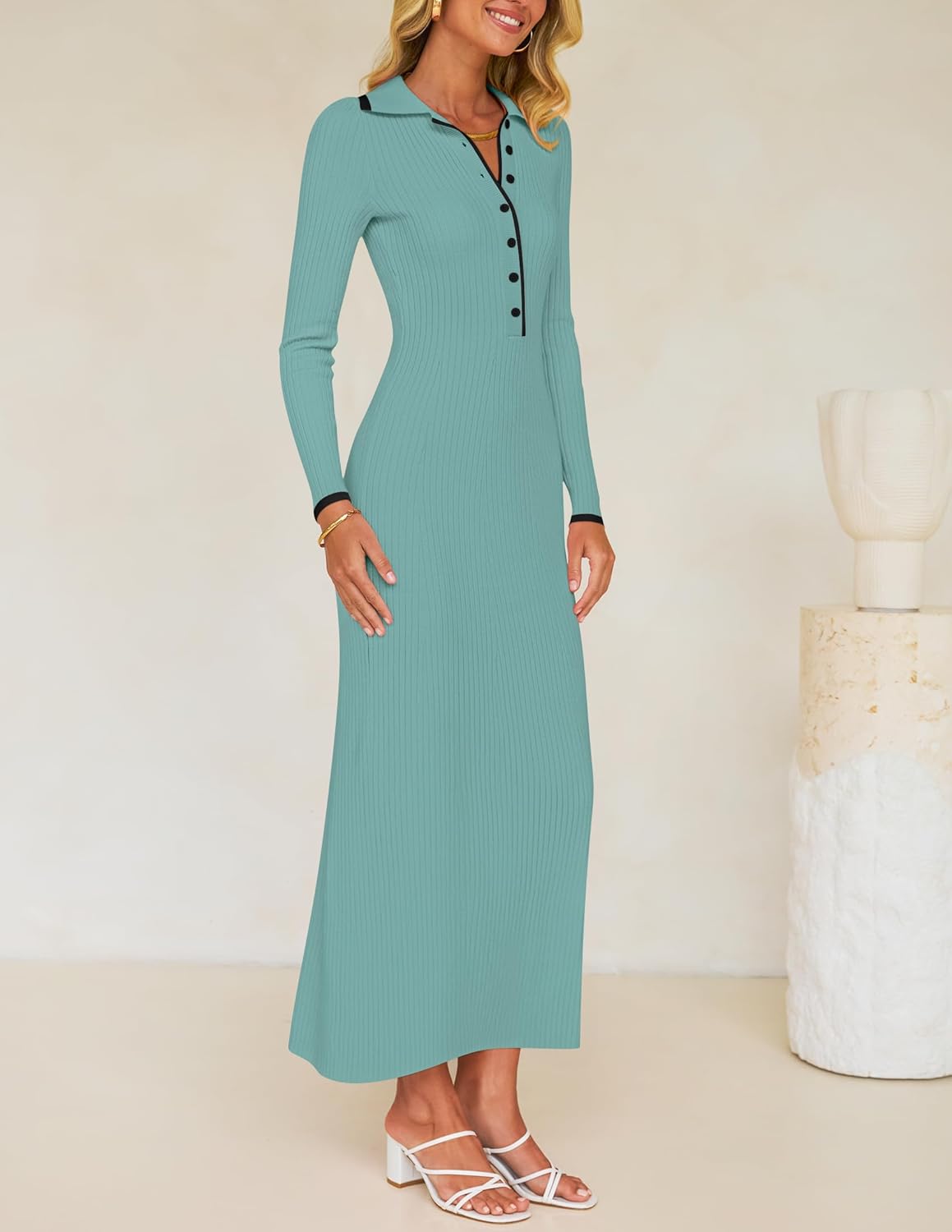 ZESICA Women's Long Sleeve Sweater Dress 2026 Fall V Neck Ribbed Knit Casual Formal Cocktail Bodycon Maxi Dresses - Image 3