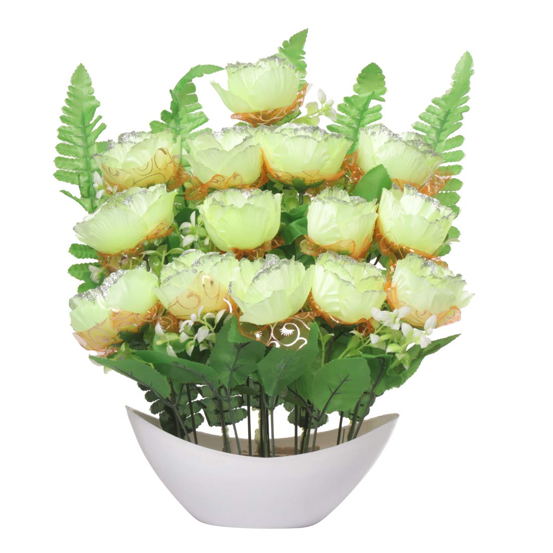 CAAJIB Rose Bunch Artificial Flower Plant with Vase Pot for Home Decor Decorative Flowers, (15 - Light Yellow Roses, 40 cm)