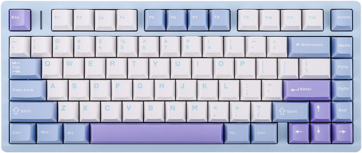 Top-down view of the EPOMAKER Aula M75 keyboard with its RGB backlighting active, showcasing the blue, white, and purple keycap color scheme.