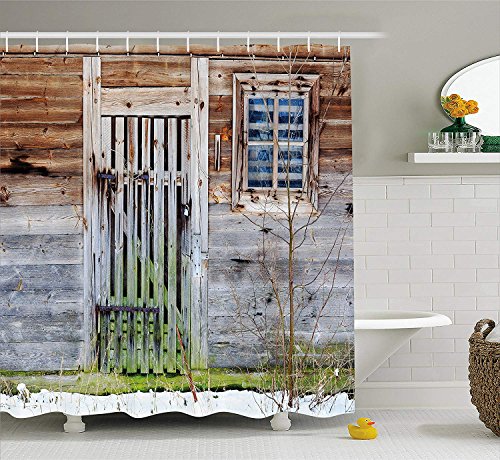 Casepillows Primitive Country Decor Shower Curtain, Neglected Old Farmhouse Rustic Wooden Door and Window Rural, Fabric Bathroom Decor Set with Hooks, 75 inches Long, Brown Green Silver