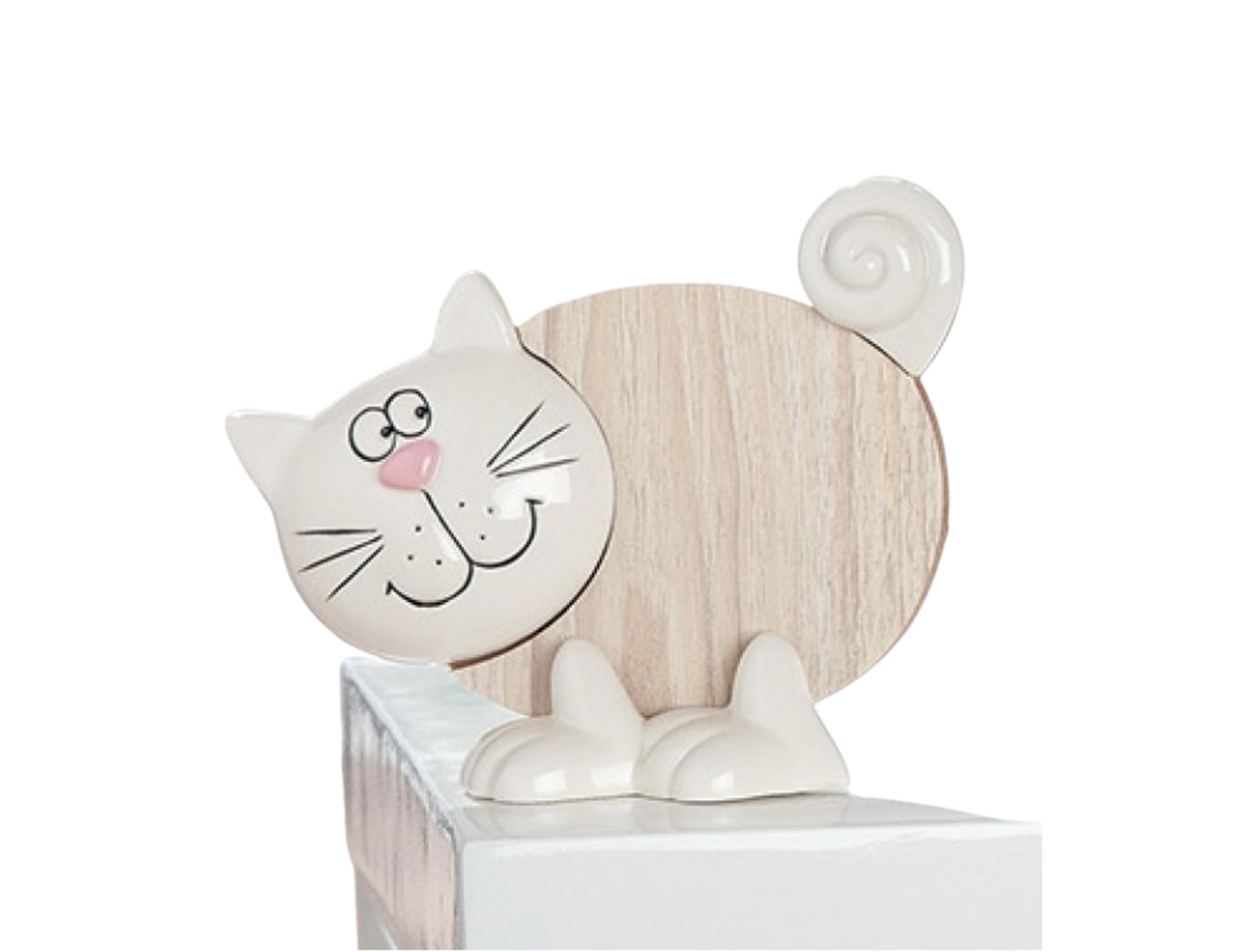 Statuette chat en bois et céramique blanche DRW artisanale