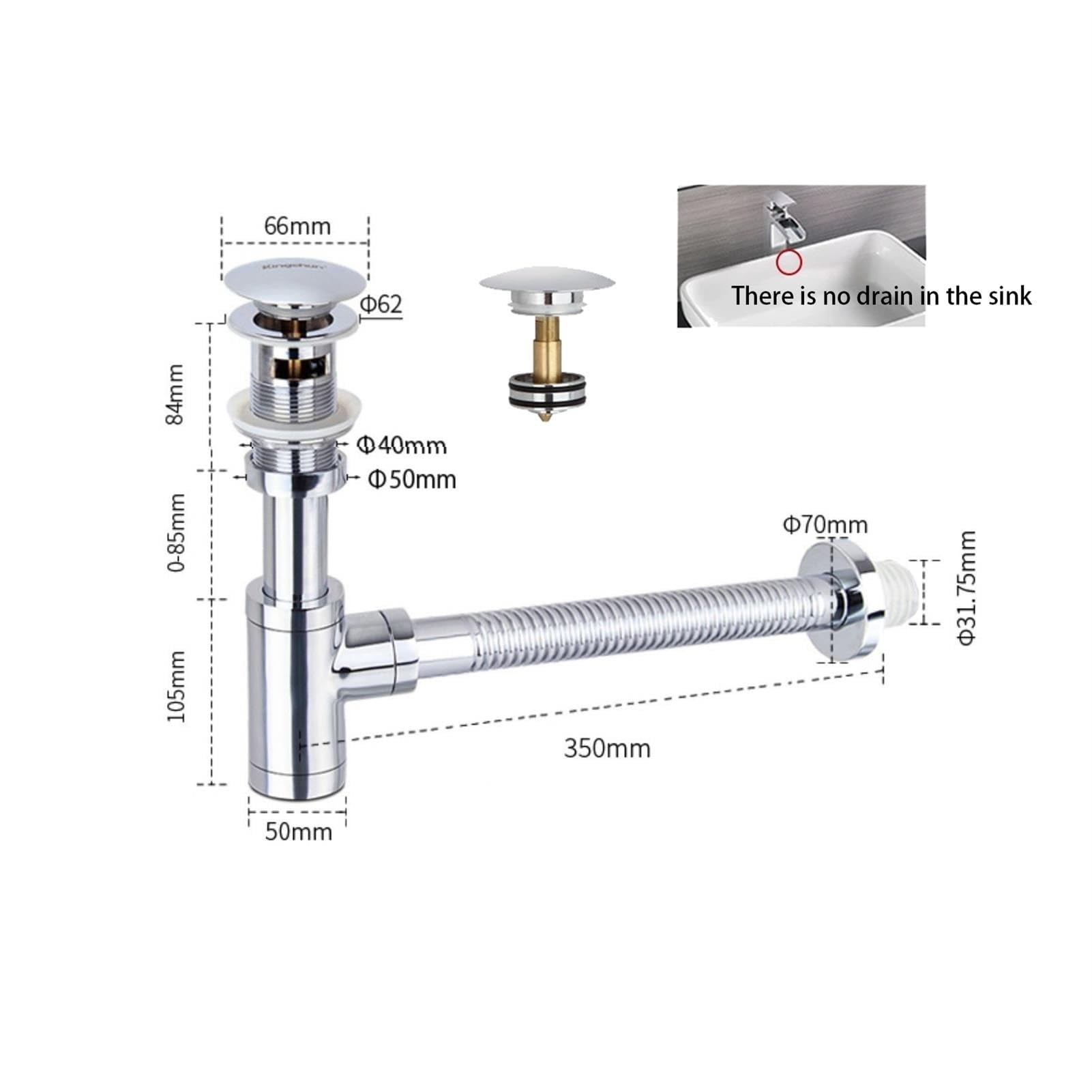 Messing Push-Ablauf mit Flaschensiphon, Wandablauf Schlauch 350mm