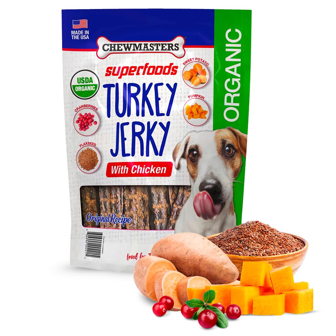 Organic Superfoods Turkey Jerky Dog Treats with Chicken, 2 Pound Bag, USDA Premium Organic Turkey, Made in The USA, by-Product Free, Real Meat Dog Treat, All Life Stages
