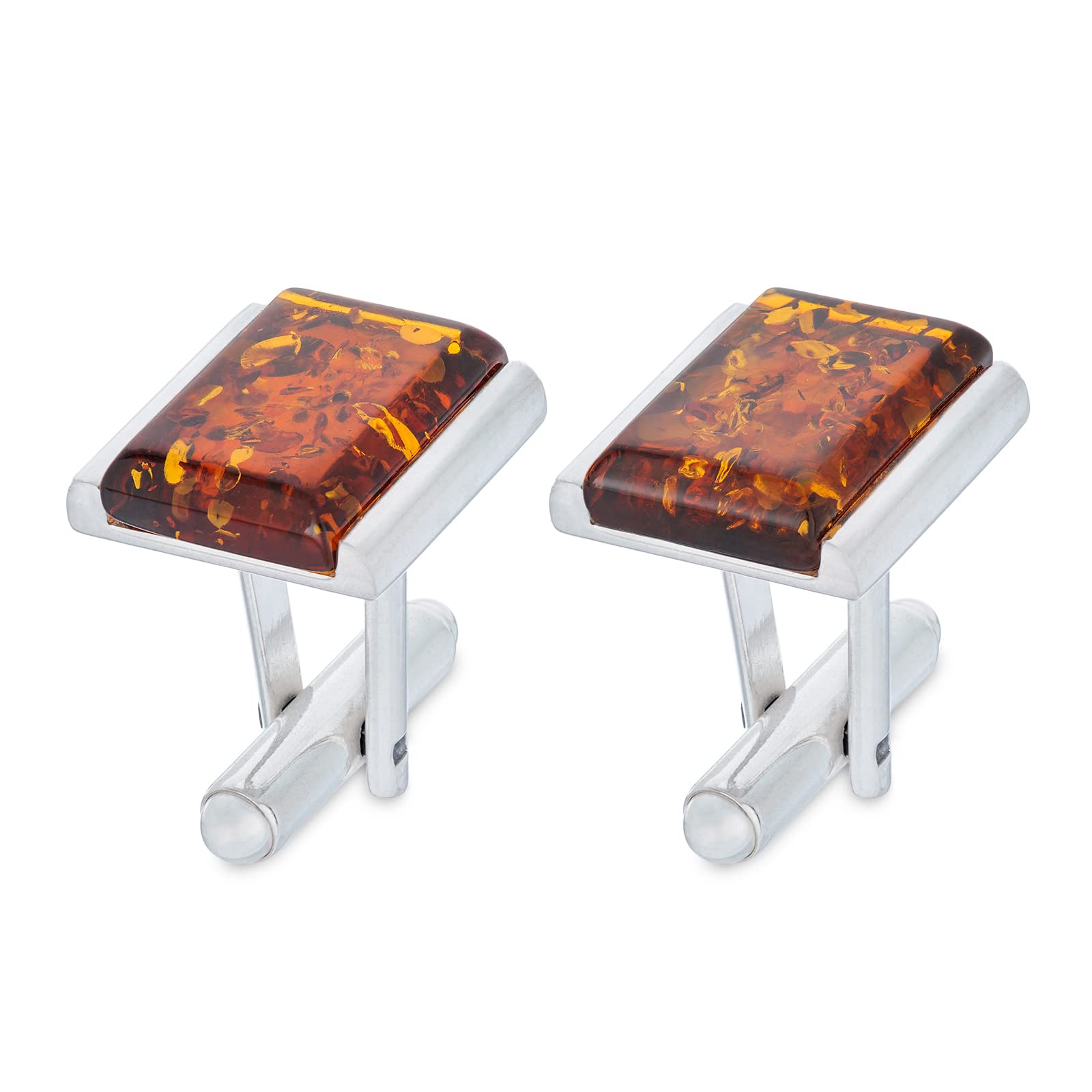AMBEDORAMen's Silver Cufflinks Tinos with Amber, Modern Rectangular Shape, Polished Sterling Silver, Natural Amber in Cognac Colour