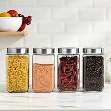 OLIN Piramal Glass Storage Glass Jar & Containers For Kitchen Pantry, Snacks, Masala, Jams, Pickles, Cookies, Dry Fruits, Coffee Beans Storage With Lid, 1 Ltr, Set Of 4