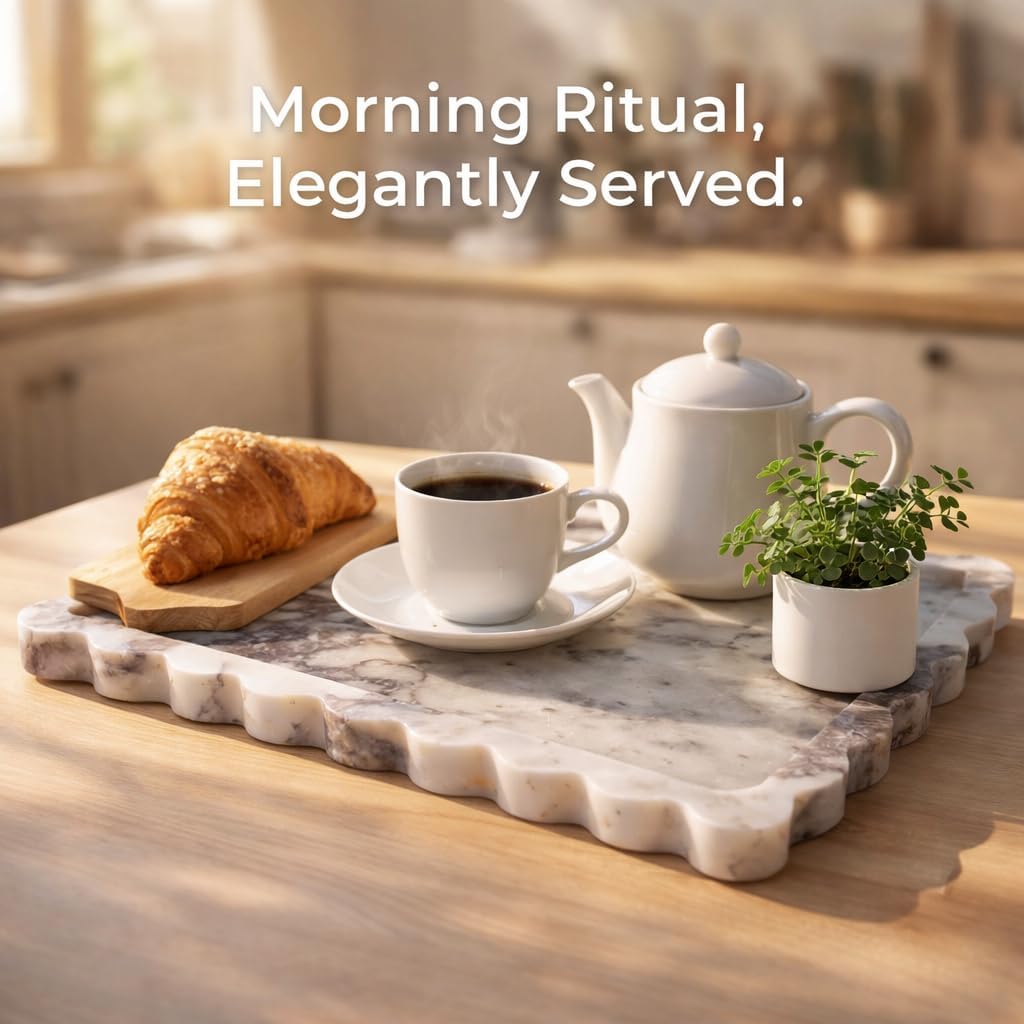 14" x 10" Large Genuine Calacatta Viola Scalloped Marble Tray, Pre-Sealed for Stain & Water Resistance, Luxury Decorative Trays for Vanity, Bathroom, Dresser, Coffee Table, Home Decor