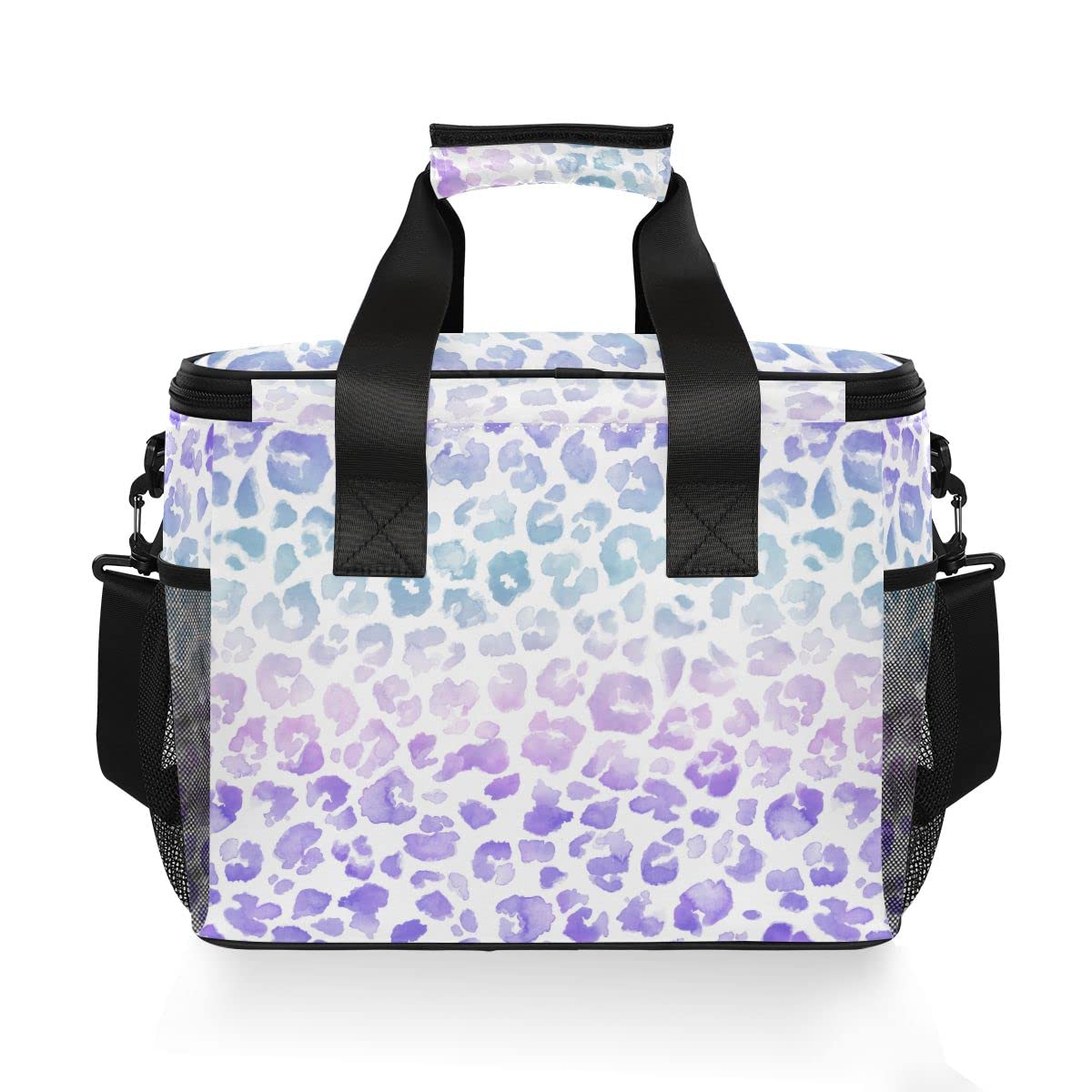 Bolsa de picnic de 15 L, 24 latas, bolsa de almuerzo aislada con teñido anudado morado leopardo para viajes, camping, barbacoa, actividades al aire libre, asas, correa para el hombro