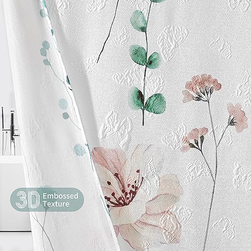 Image of QiyI Watercolor Floral Shower Curtain, 3D Embossed Textured Sage Green Flower Bathroom Curtain, Modern Minimalist White Cloth Bath Curtain, Waterproof Fabric Shower Curtain Set with Hooks, 72x72 Inch