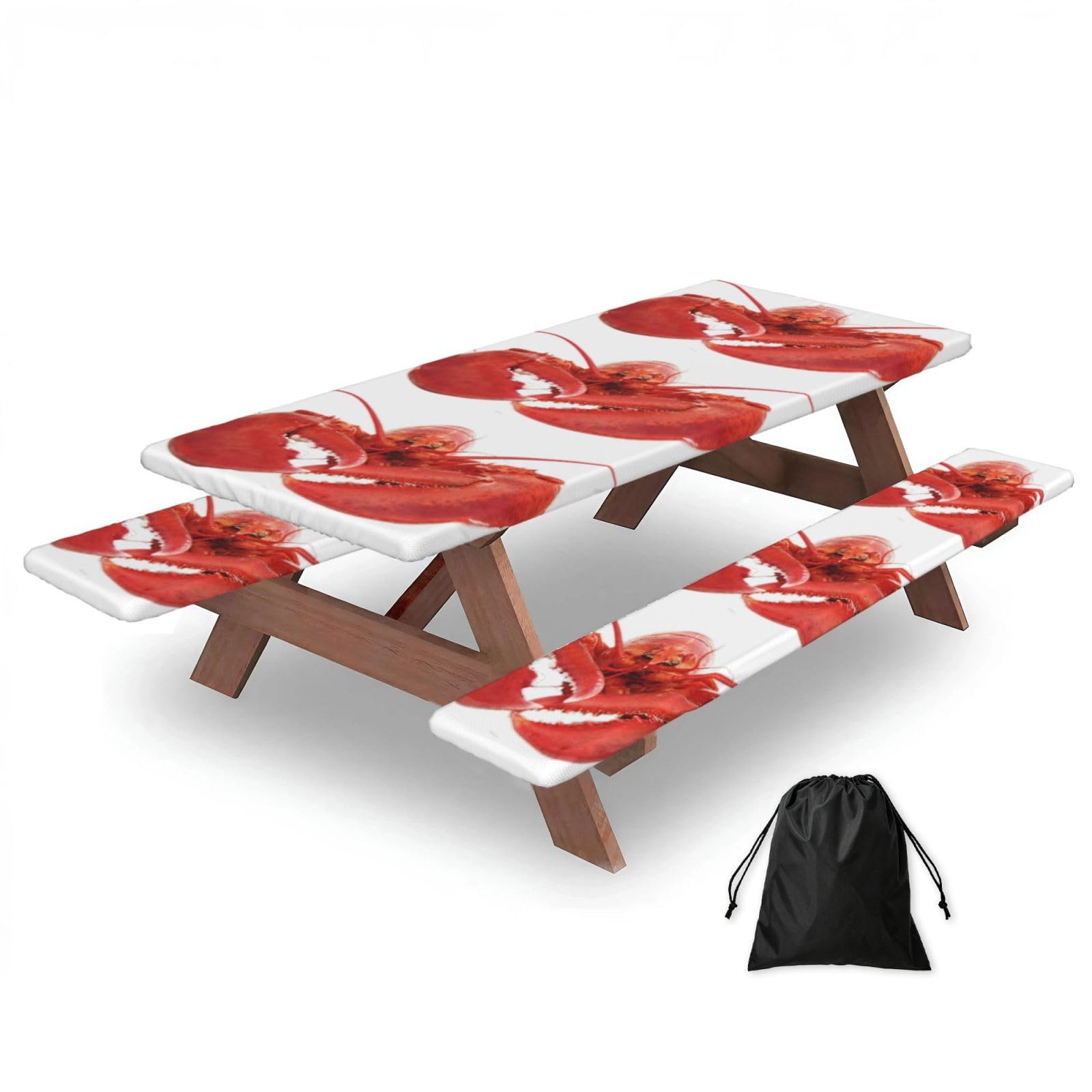 Duwaa Black Lobster Print 183Cm Picnic Table Cover With Bench Covers, Waterproof Elastic Tablecloth Set For Outdoor