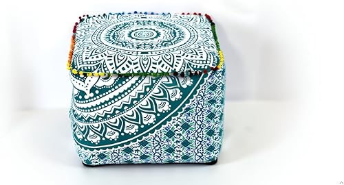 Miniatura 9 de CRAFT KALA Funda de cojín cuadrada con mandala, funda de cojín para asiento, hippie, decorativa, bohemia, otomana, pufs, pompones, de algodón, para
