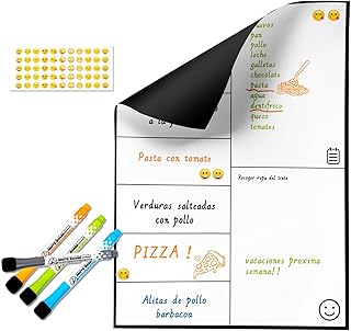 SB® Quadro magnético semanal para frigorífico A4 + 4 marcadores + 55 adesivos emoji aleatórios | Planificador semanal para refeições e lista de compras.