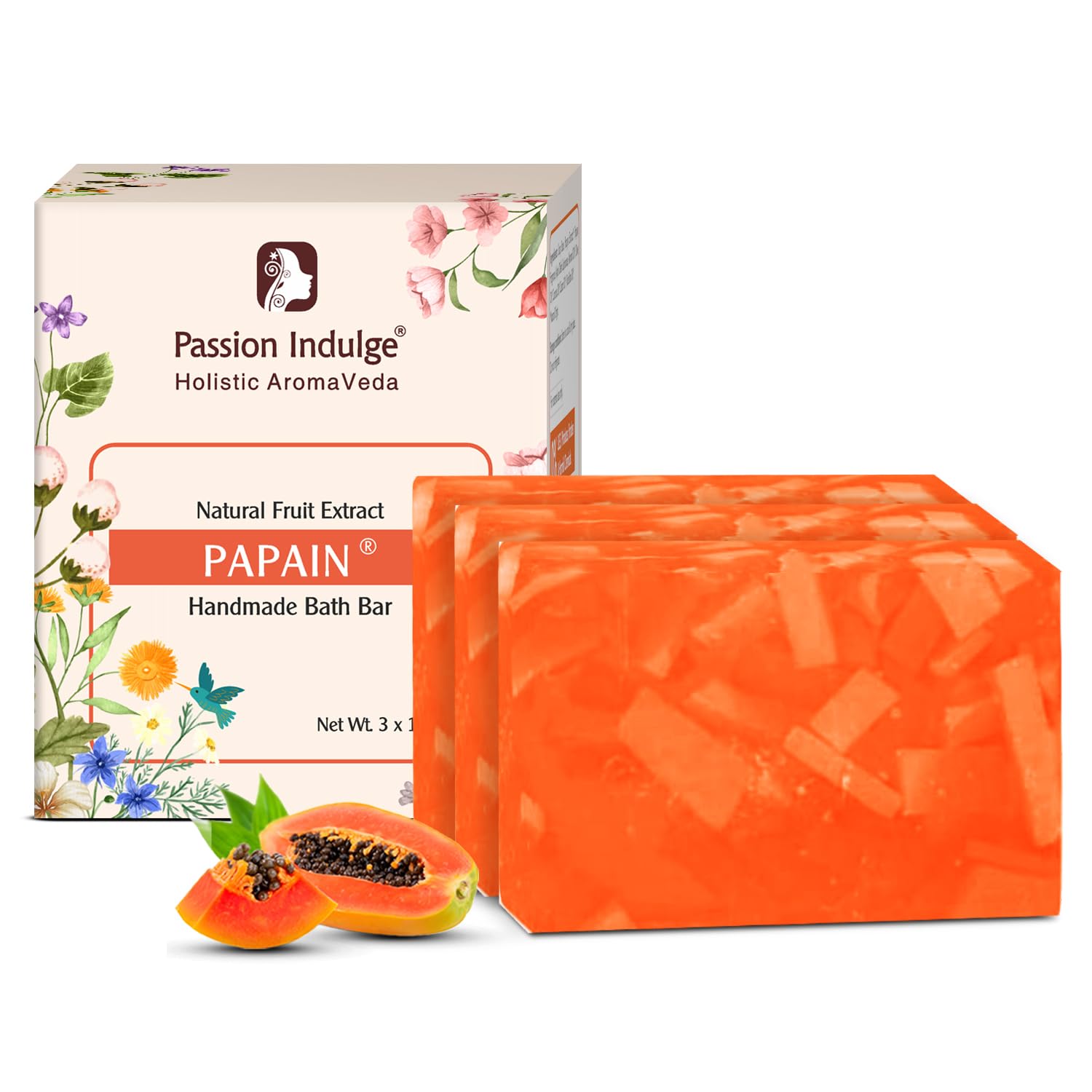Passion Indulge Papaya Handmade Soap 3 x 100gm, Natural Essential Oil Nourishing Bath Bar | Deep Cleansing | Bath soap for all type skin | ayurvedic herbal fruit extract bath bar | vegan