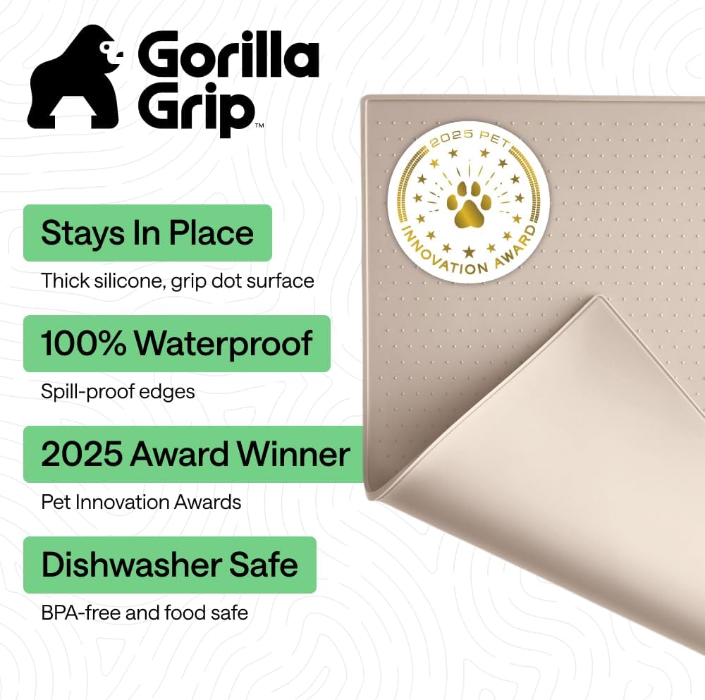GORILLA GRIP 100% Waterproof Raised Edge BPA Free Silicone Pet Feeding Mat, Dog Cat Food Mats Contain Spills Protects Floors, Placemats for Cats and Dogs Water Bowl, Pets Accessories 23x15 Cream