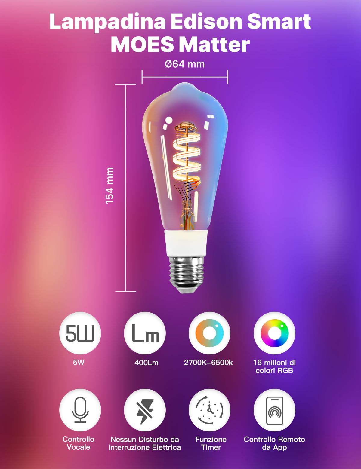 MOES Matter WiFi Lampadina intelligente RGB E27 compatibile con Alexa | Google Home, Apple Home, 5W 400LM 2700K-6500K RGB dimmerabile 16 Milioni di Colori, 2.4GHz