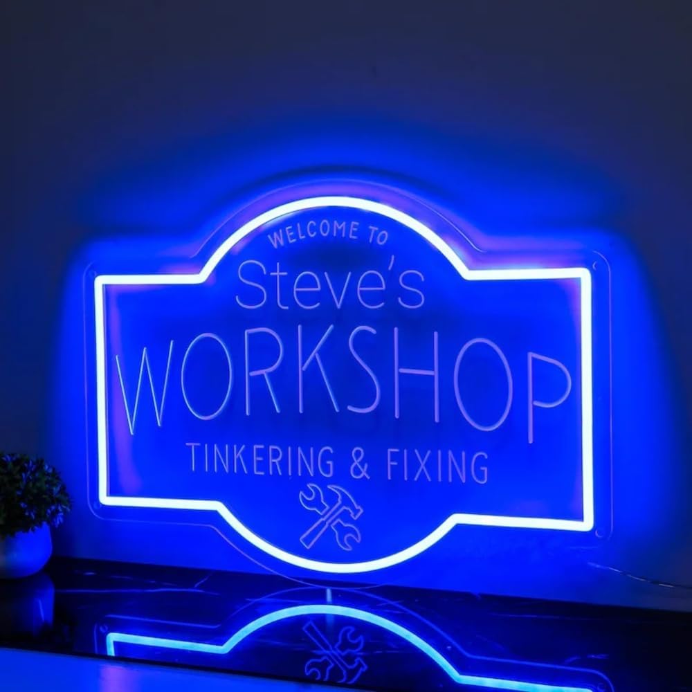 Personalised Workshop Neon Sign Dad's Shed Led Light Sign Handmade Led Light Sign Workshop Decor Gifts For Him Tinkering Fixing Sign