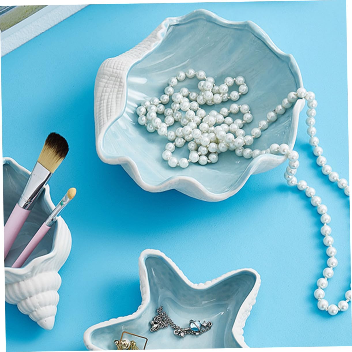 Bandeja Soporte Multiusos Forma de Concha Azul de Cerámica para Almacenamiento de Joyas y Llaves, Decoración Creativa Hogar y Moderno