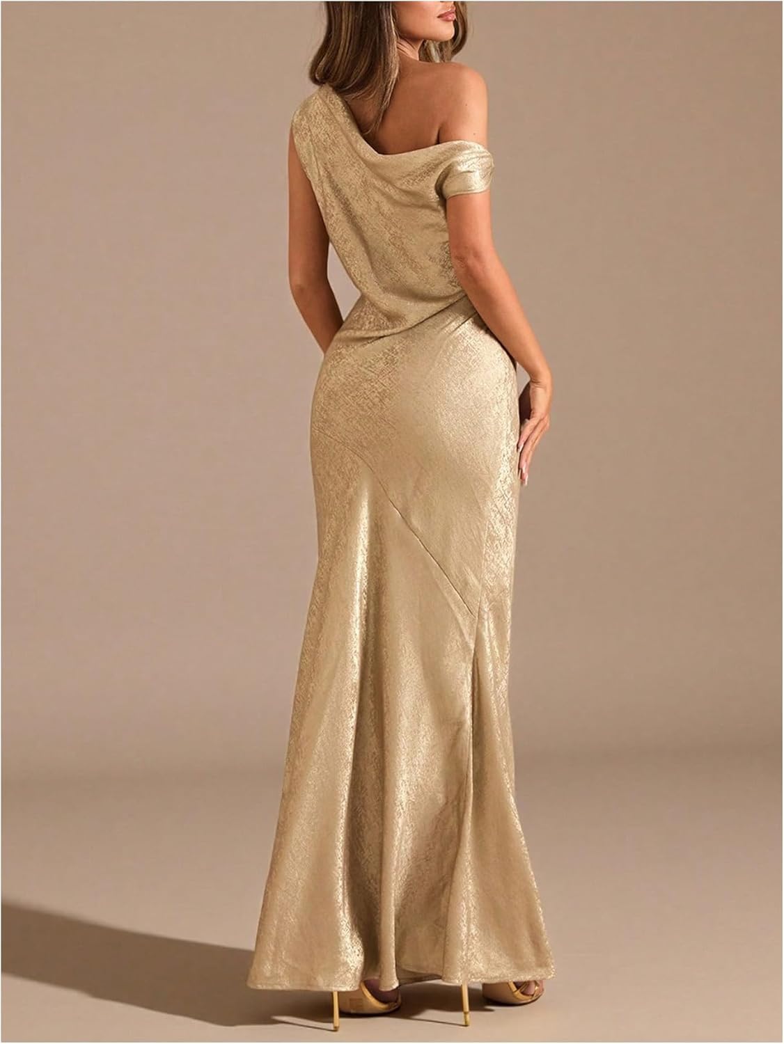 OYOANGLE Women's Metallic Off The Shoulder Bodycon Fishtail Maxi Dress Ruched Party Evening Cocktail Dresses - Image 3