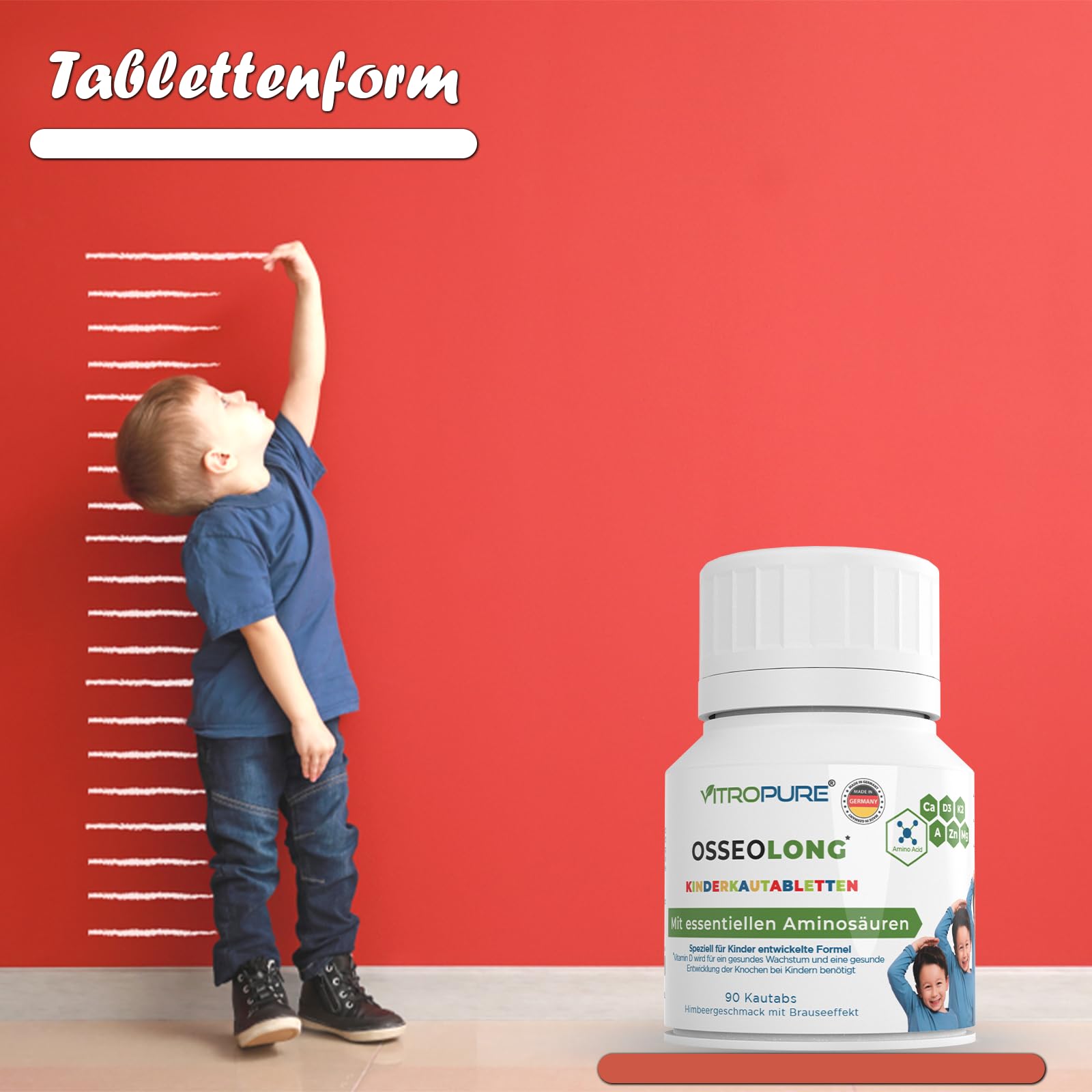 Comprimés à croquer OsseoLong® : Combinaison unique : Acides Aminés à Chaîne Ramifiée (BCAA), Calcium, Vitamine D3, Zinc et Magnésium pour le développement osseux.