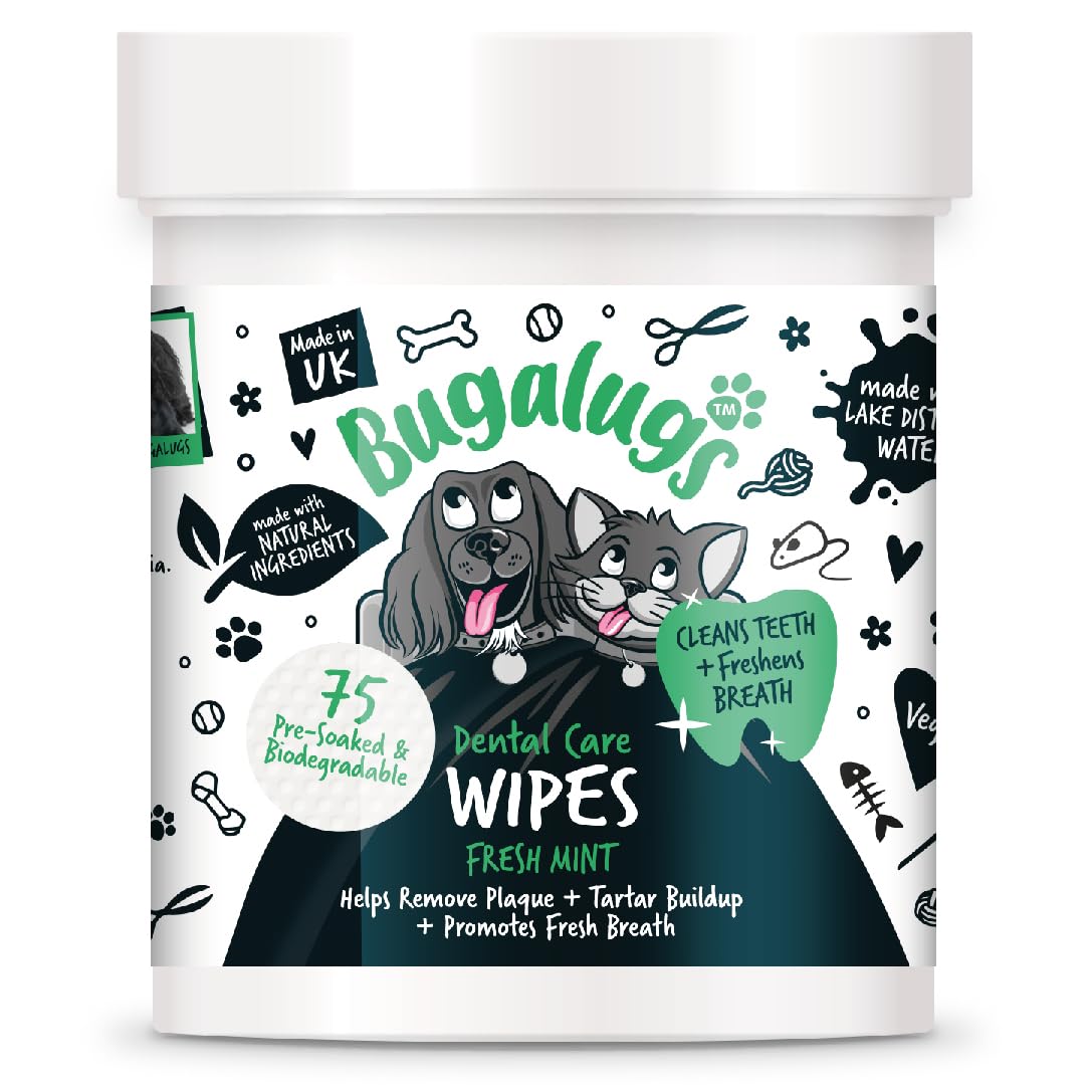 BUGALUGS Dog Breath Freshener Dental Care Wipes. Clean Teeth, Healthy Gums & Fresh Breath - Natural Cat plaque remover & tartar remover for teeth - No Brushing Needed (Dog & Cat 75 Wipes)