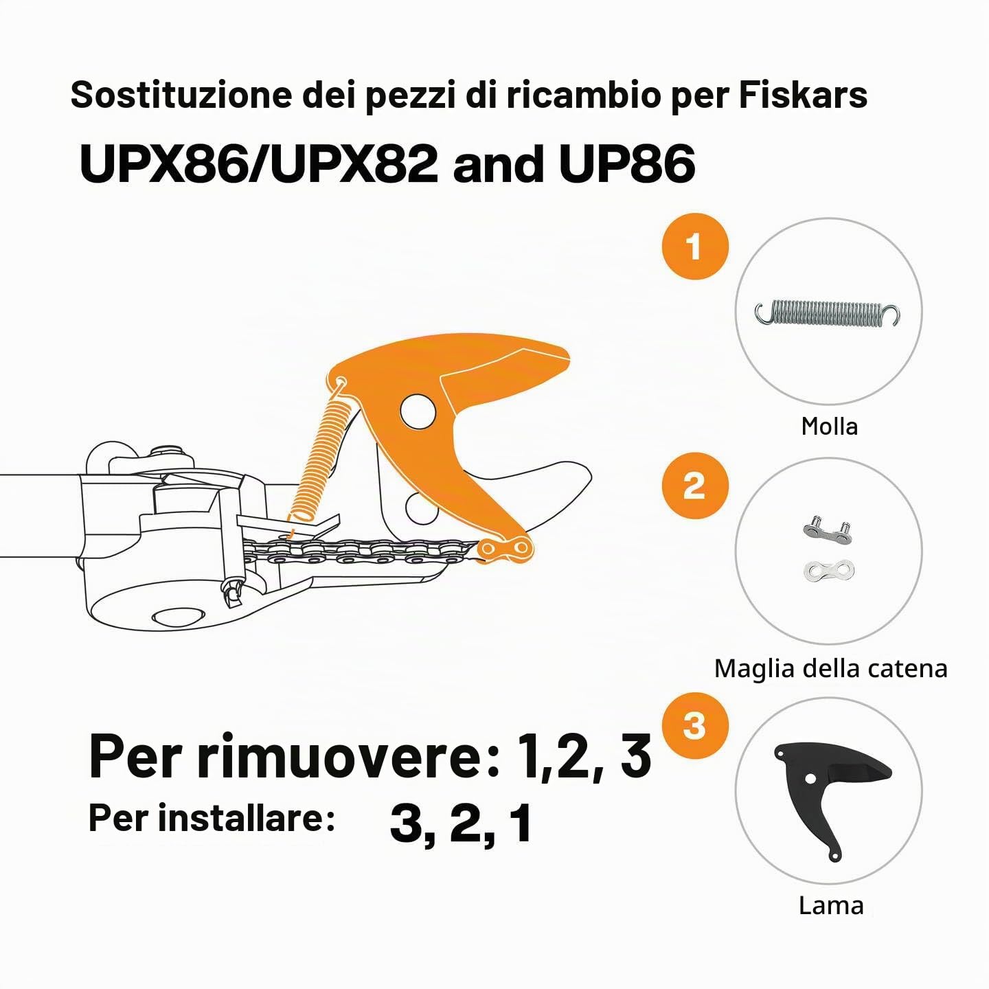 Fiskars Set di pezzi di ricambio originali per svettatoi con lame bypass UPX82, UPX86, UP82, UP84 e UP86, Con lama, molla e maglia di catena, Nero, 1026293