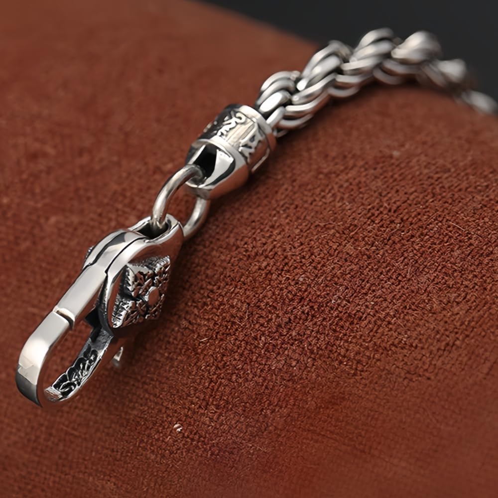 ForFox Pulsera de Cadena de Cuerda Trenzada con Broche Budista de Plata de Ley 925 Vintage para Hombre Mujer 4mm 18/20cm