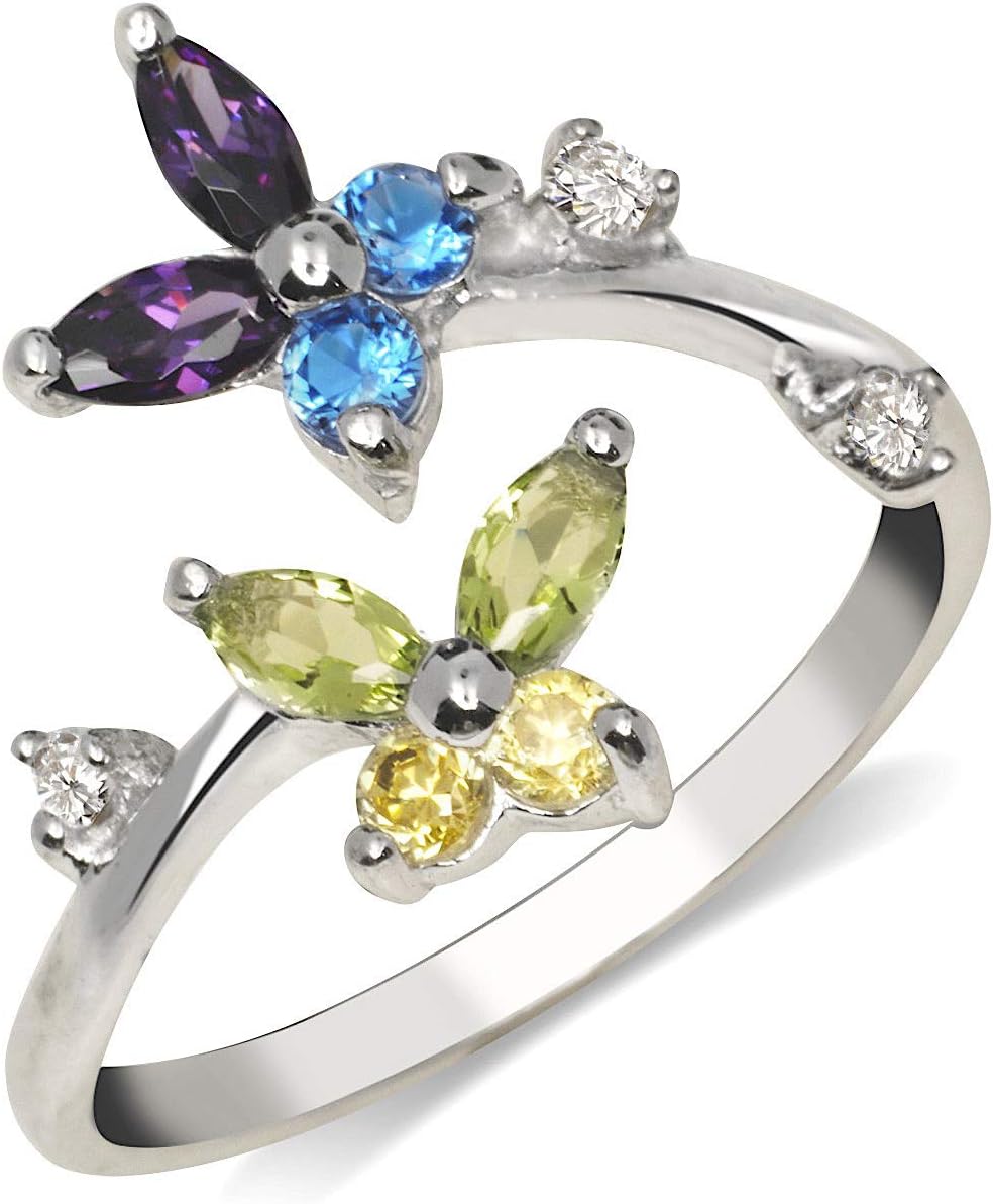 JewelryWeb - 925 Sterling Silver Colorful Cubic Zirconia Butterfly Adjustable Toe Ring - 12mmx15mm - Toe Ring for Woman - Foot Jewelry - Hypoallergenic - Non Tarnish