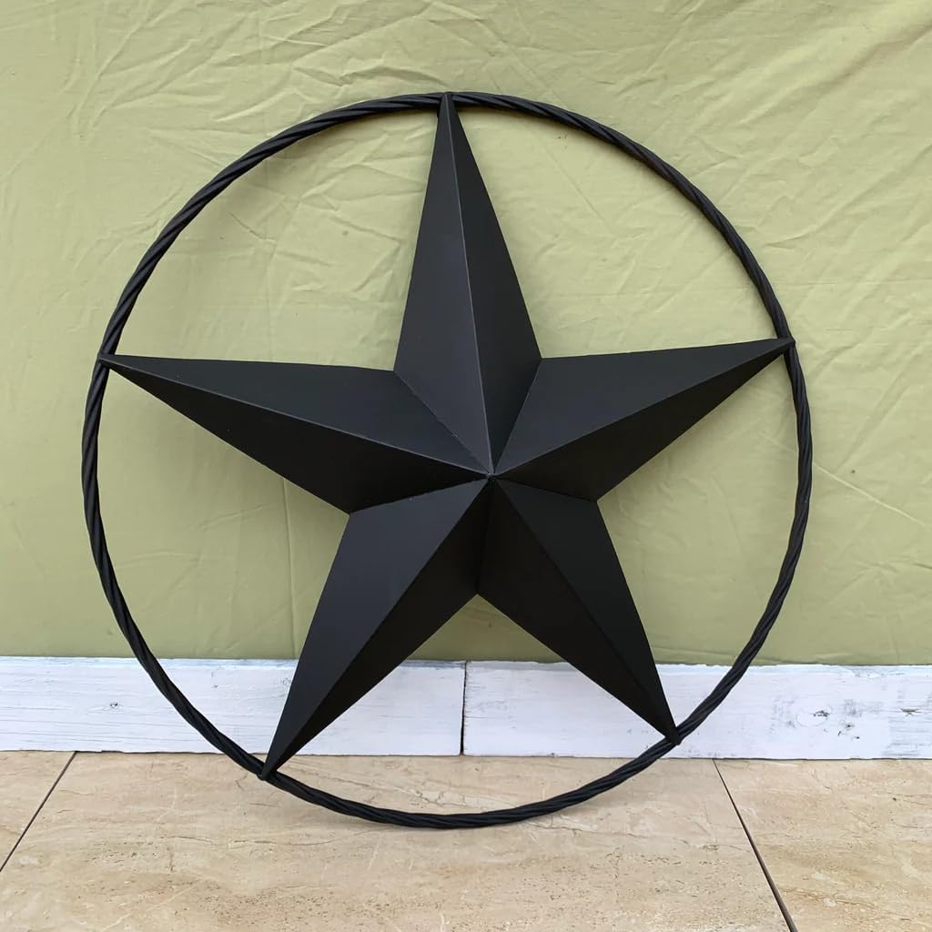 Black BARN Star Twisted Rope Ring Metal Lone Star Western Home Decor Ranch, Country Farmhouse, USA & Texas Home Decor Garden, Patio Indoor & Outdoor Wall Art Handmade New - EGIFTHOME.COM (12" Star)