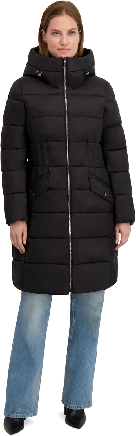 Laundry by Shelli Segal Women's Fitted Puffer Long Coat– Winter Jacket Velvet Corduroy Hood Waist Drawstring