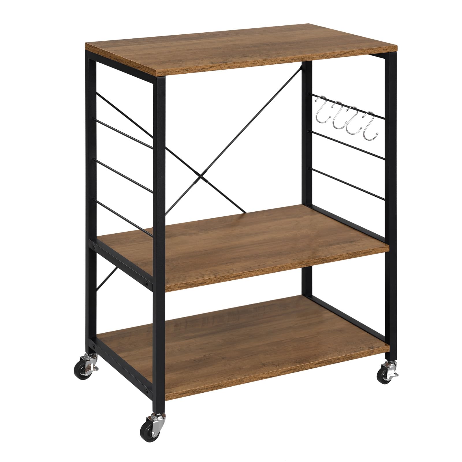 WOLTU Küchenregal auf Rollen, Mikrowellen-Regal mit 3 Ablagen & 4 Haken, dreistufiger Servierwagen mit Metallrahmen, Mikrowellenhalter, Rustikales Braun + Schwarz, 60x40x82,5 cm