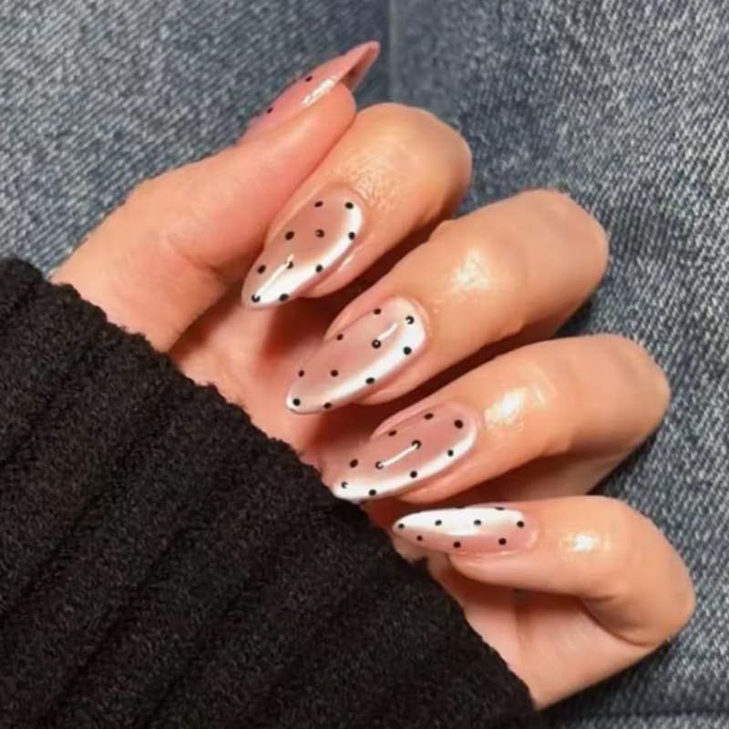 XZMeiLun Pink Nude Cat Eye Polka Press On Nails Medium Almond Salon-Quality Acrylic Fake Nails Stylish Design Reusable Stick-Ons Spring Summer DIY Nail Art Kit for Women | Daily/Party Gift 24 Pcs