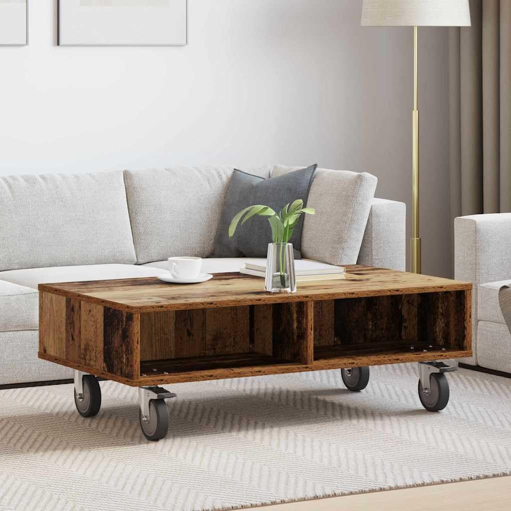 Tavolino con ruote, in legno anticato, 90 x 50 x 30 cm, versatile, comodino, tavolino da divano o tavolino portaoggetti per soggiorno, camera da letto, corridoio, balcone, salvaspazio