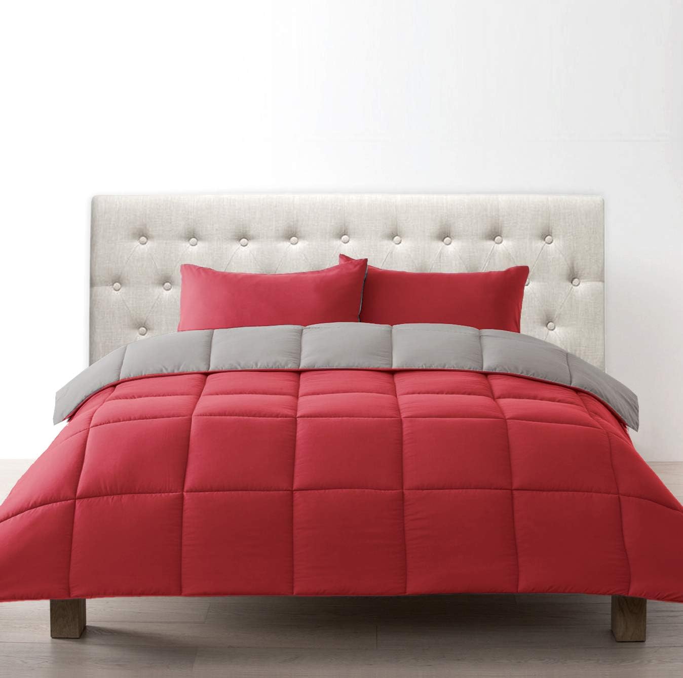 Bien Living All-Season 3 Piece Reversible Down Alternative Quilted Comforter Duvet - Ultra Soft Lightweight - Box Stitched Hotel Quality - Red/Grey - Full/Queen