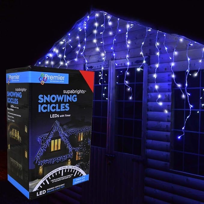 Premier Snowing Icicles Outdoor Christmas Fairy Lights & Timer Blue White 960 Led's Multi