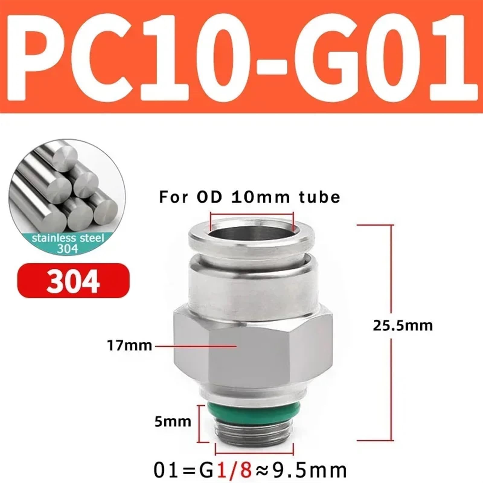 10 Uds. De acoplamiento rápido traqueal de acero inoxidable 304, conector rápido neumático de acoplamiento rápido, conector de PC-G recto de rosca G(Color:PC10-G01)