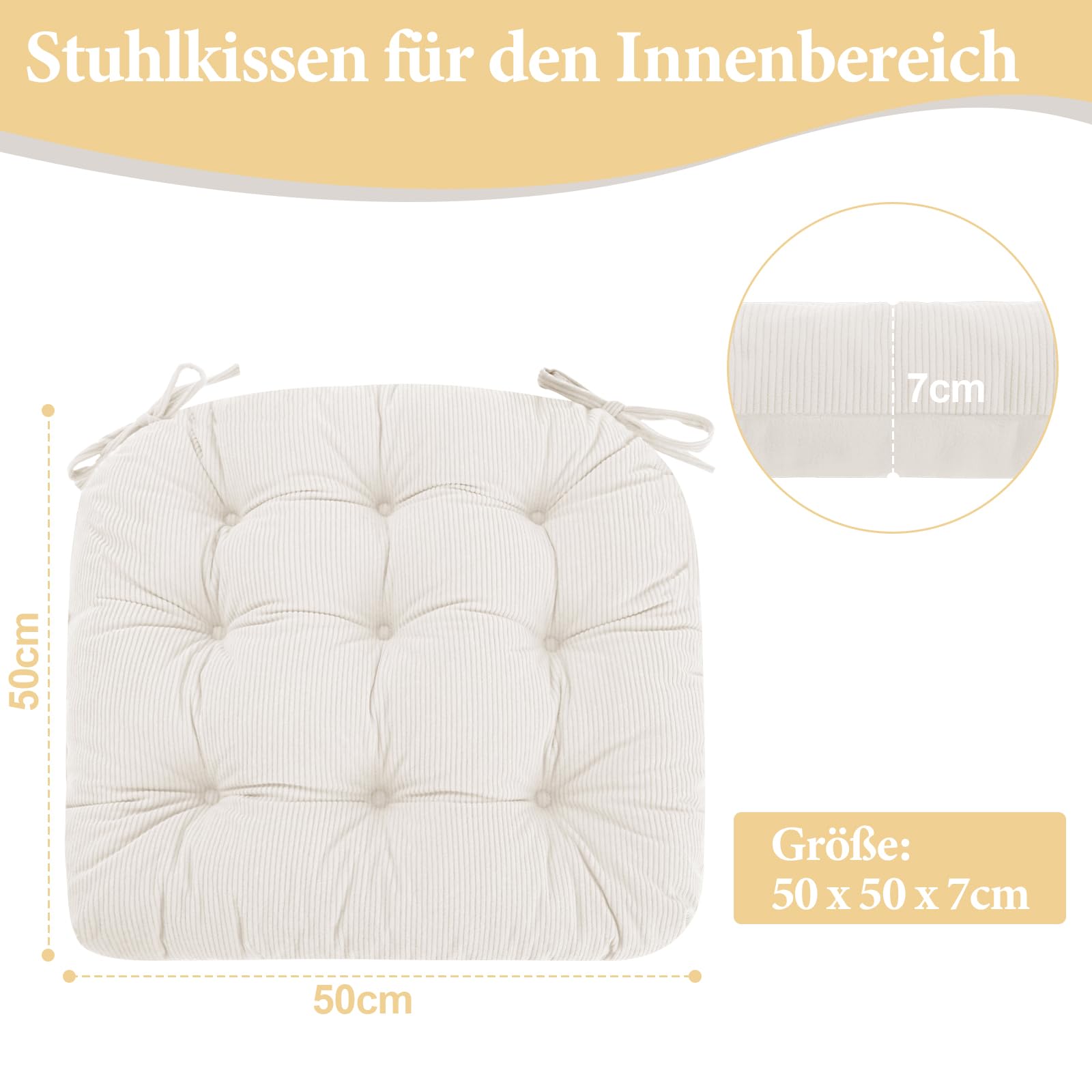 2er Set Stuhlkissen, 50x50x7 cm, Beige – Bequeme Sitzkissen aus Cordstoff und Kristallsamt mit Bindebändern, ideal für Esszimmer, Büro, Wohnzimmer und Gartenstühle, Hochwertige Füllung