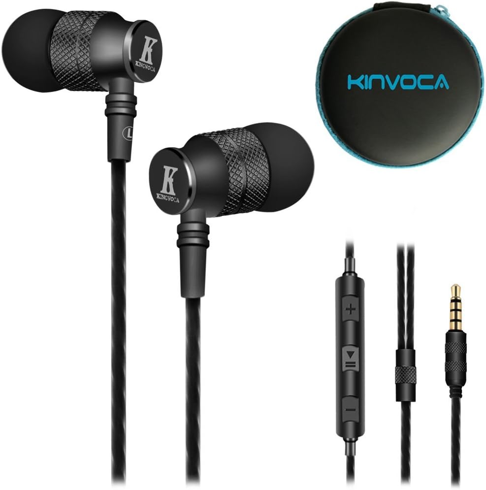 KINVOCA Wired Metal In Ear Earbuds Headphones with Microphone Volume and Case, Bass Stereo Noise Isolating Inear Earphones Ear Buds for Cell Phones, Aluminum Alloy, Carabiner, 3.5mm Jack, Black