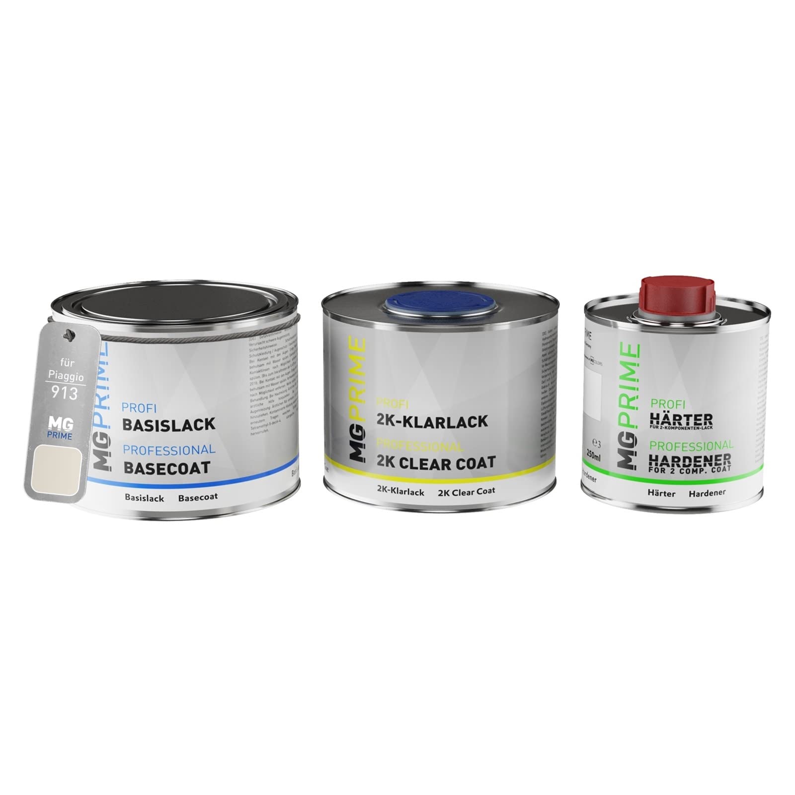 MG PRIME Barattoli di vernice per Piaggio 913 Bianco Capodimonte 1,25L | Vernice per auto, Kit vernice di base + trasparente 2K + indurente, pronto all'uso