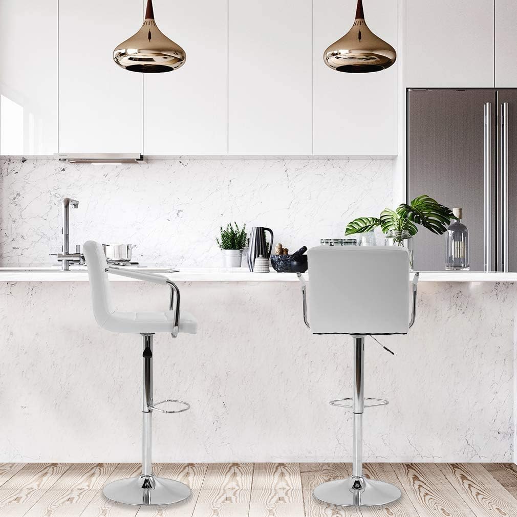 White Adjustable Swivel Leather Bar Stools with Chrome Base, Set of 2