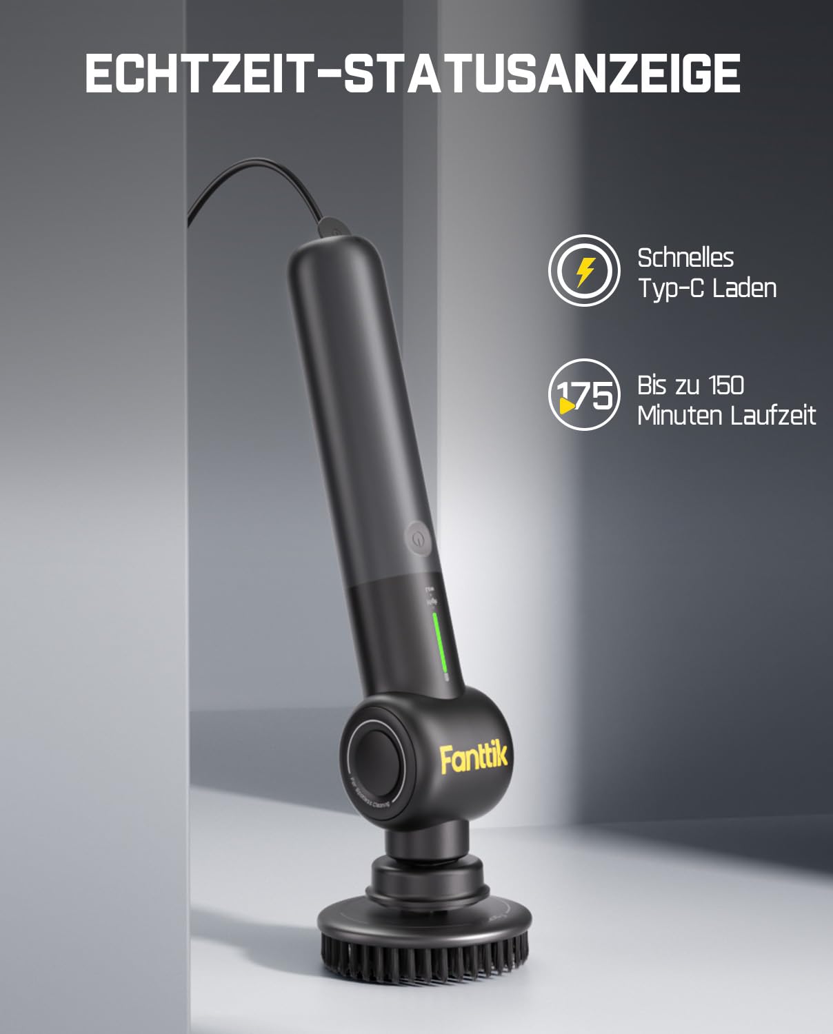 Fanttik Flip G9 Pro Elektrische Reinigungsbürste, VoltiPulse Motor,Flexibler Winkel & Ausziehbarer Griff, IPX7 Wasserdicht, Typ-C Ladung für Boden, Fliesen, Fugen (Schwarz)