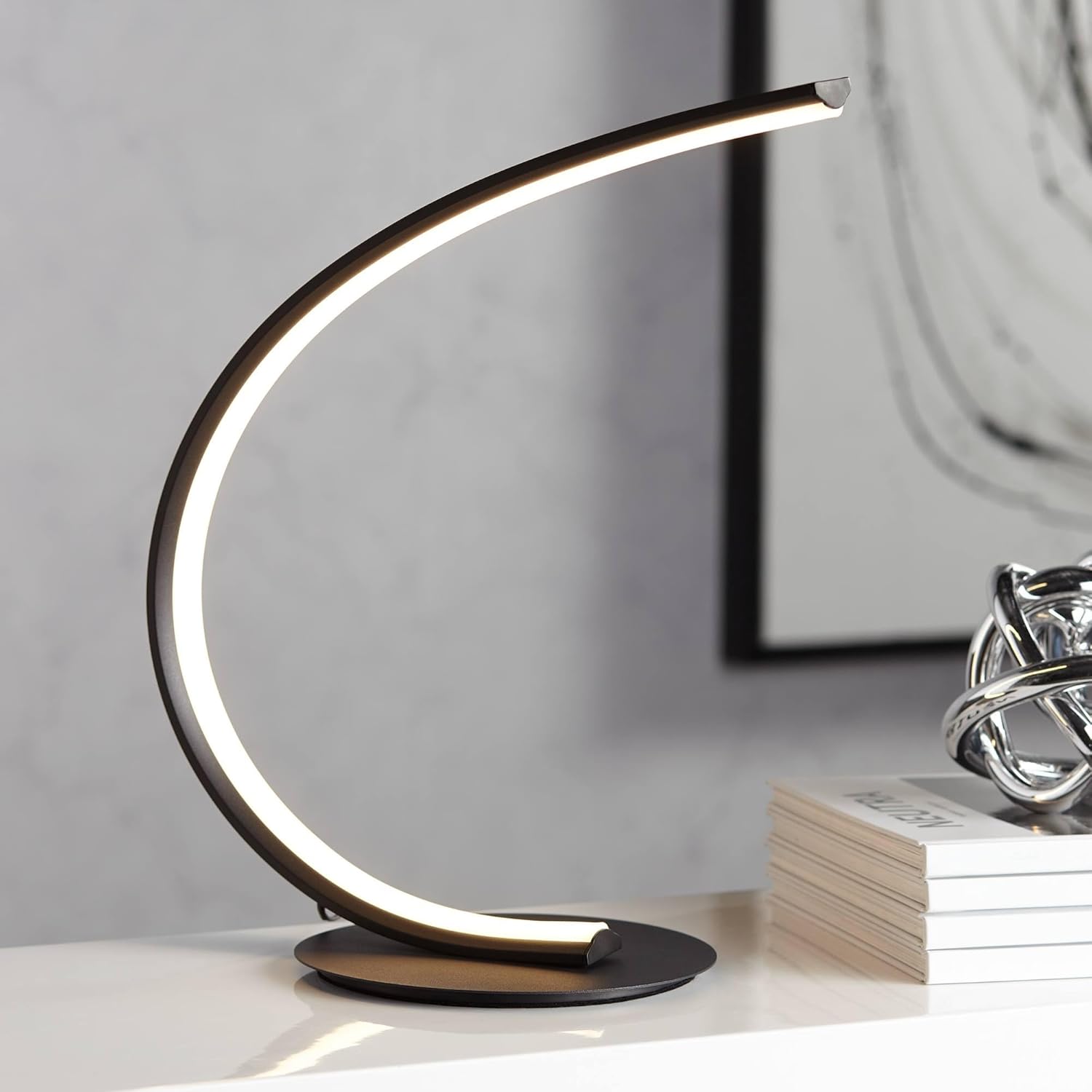360 Lighting Curved Arc 15 1/4" High Small Modern Accent Table Lamp LED Black Metal Single White Shade Living Room Bedroom Bedside Nightstand House Office Home Reading Kitchen Entryway