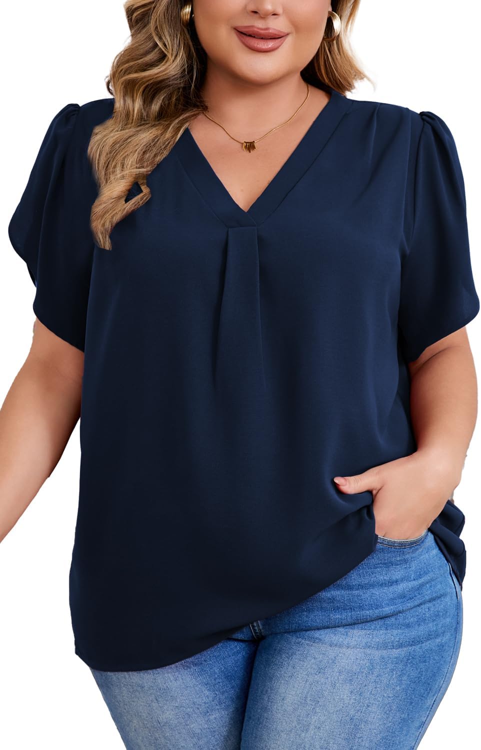 Women's Plus Size Casual Blouses Solid Business Work Tops Petal Short Sleeve V Neck Loose Fit T Shirt Summer Trendy 2026