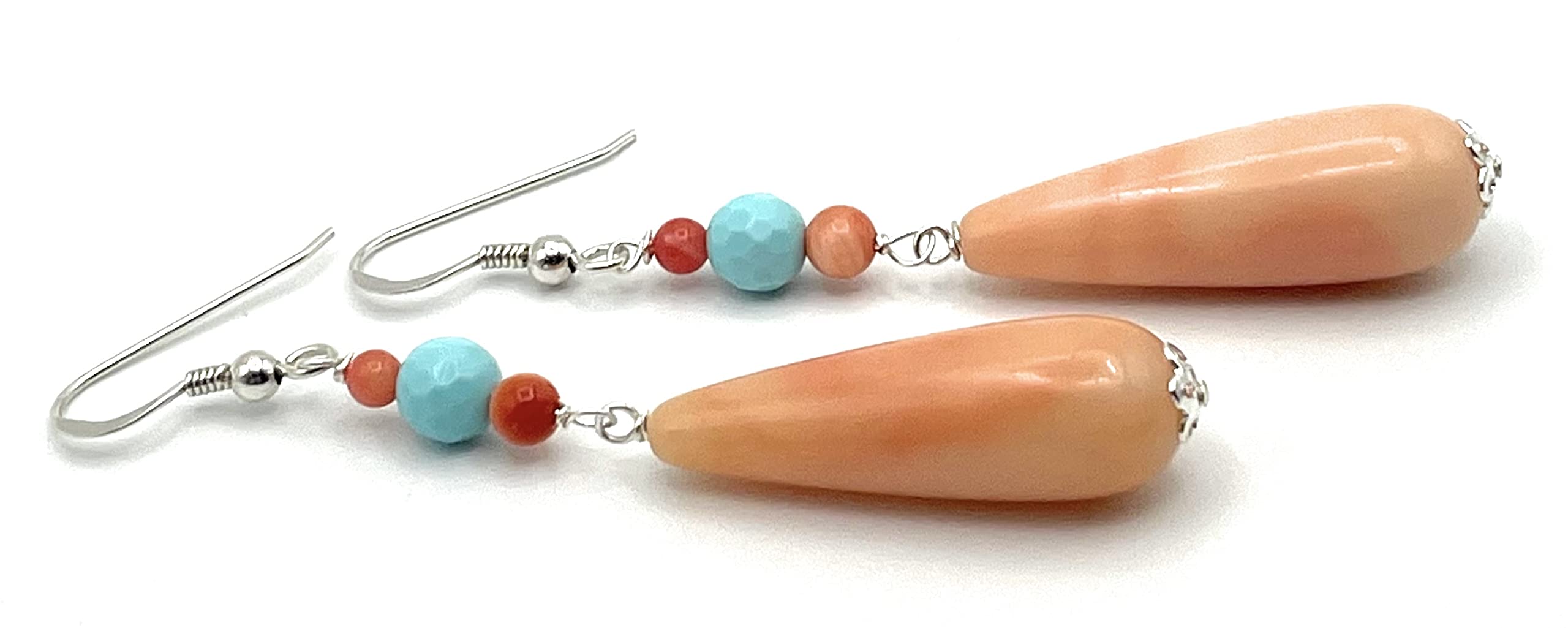 Pendientes Colgantes Largos de Plata 925 y Lagrimas Rosas Coral y Turquesa, Joyas Artesanales, Regalo para Mujeres