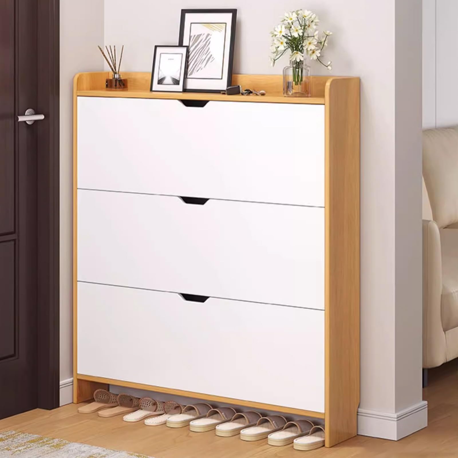 SVFOEBJM Shoe Cabinet for Entryway, Shoe Cabinet Storage, Wall Hidden Shoe Cabinet, Narrow Shoe Rack, Hidden Shoe Cabinet with 3 Flip Drawers