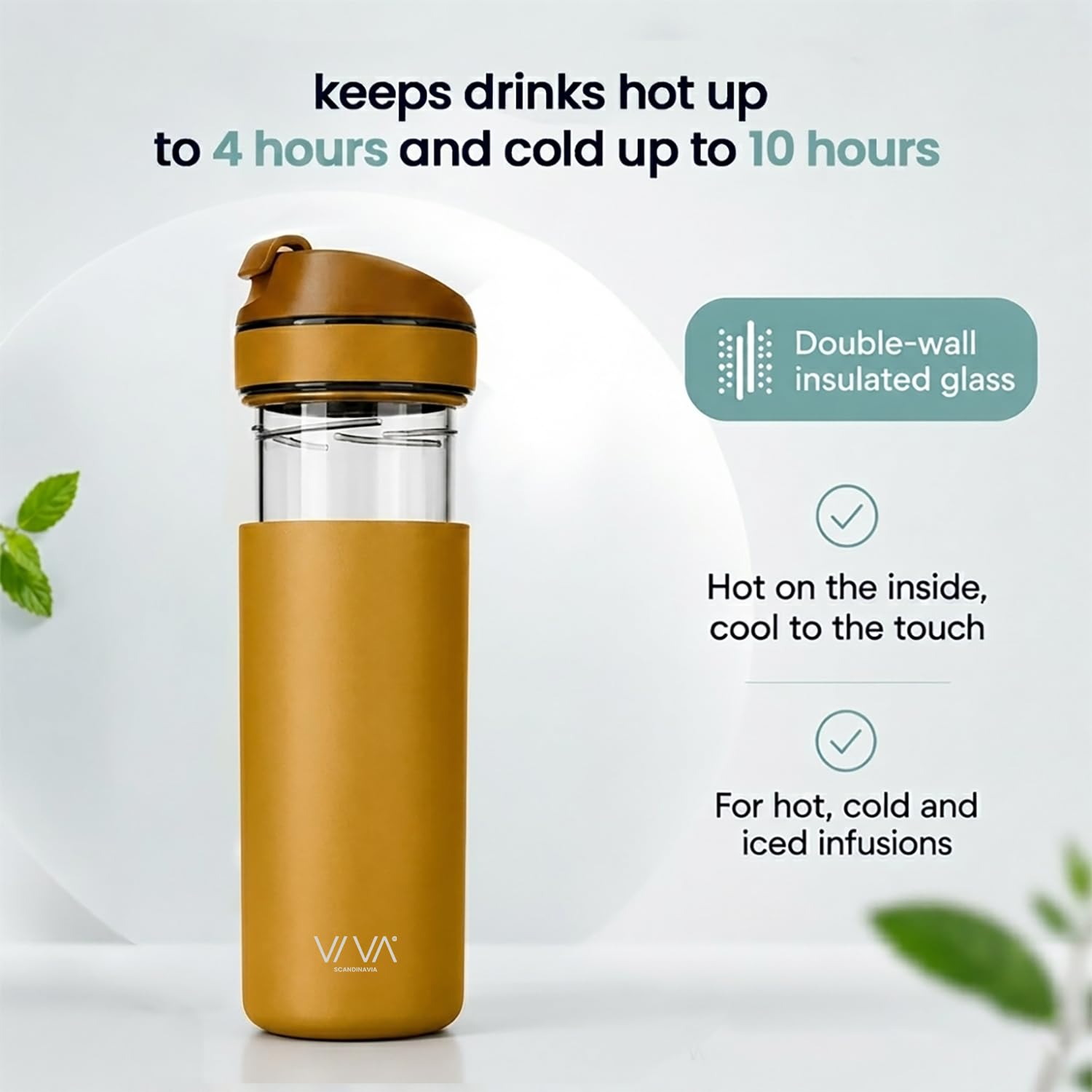 VIVA Recharge Botella Infusora de Te de Viaje, Acero, 460 ml | Acero inoxidable aislado con infusor extraible, hermetica, te en hojas frio o caliente